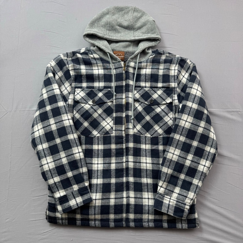 Mountain Ridge Mens Large Plaid Hooded Flannel Jacket Sherpa Lined Full Zip Navy